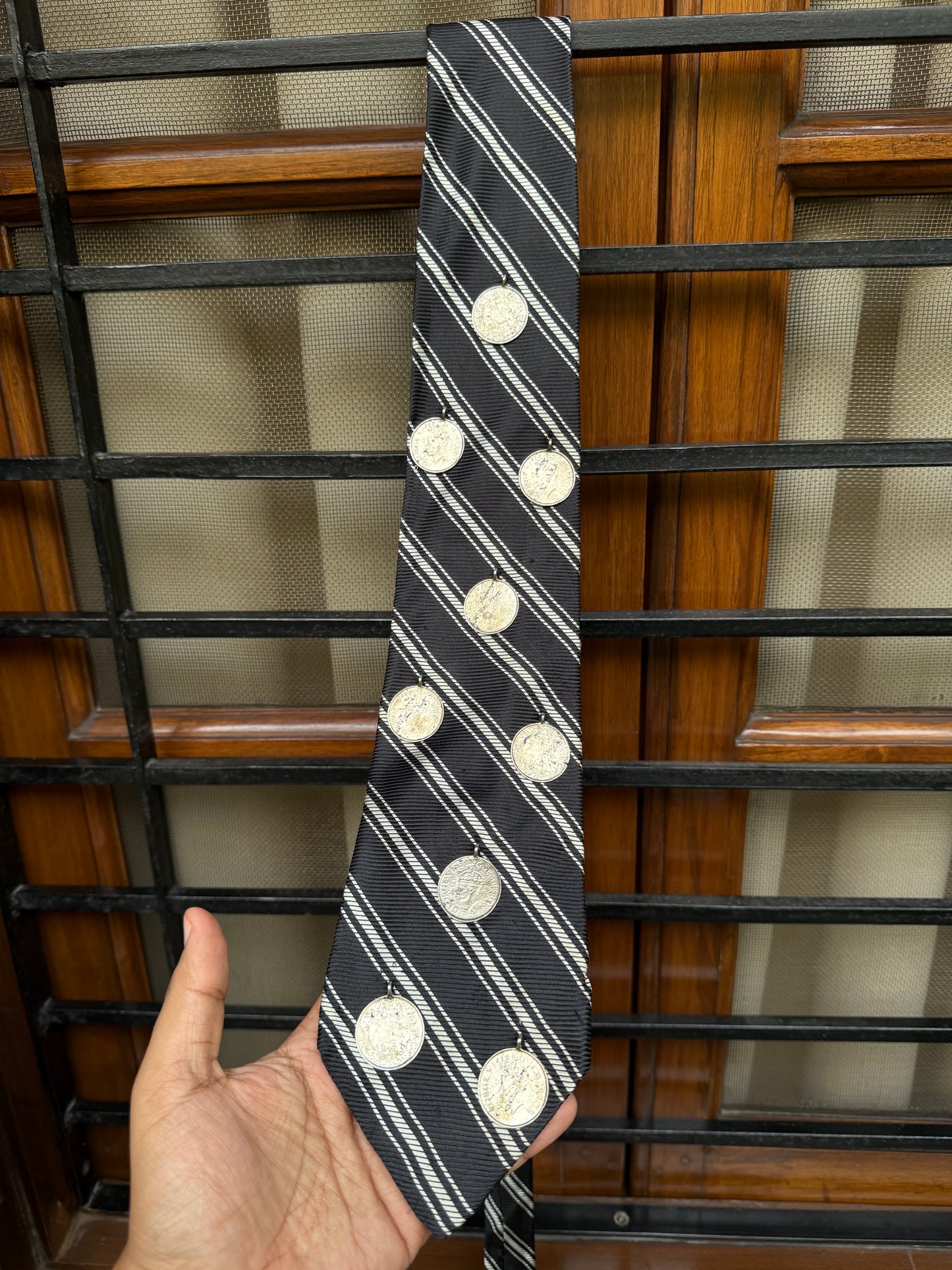 Silver coin charms Handmade Vintage Silk Tie