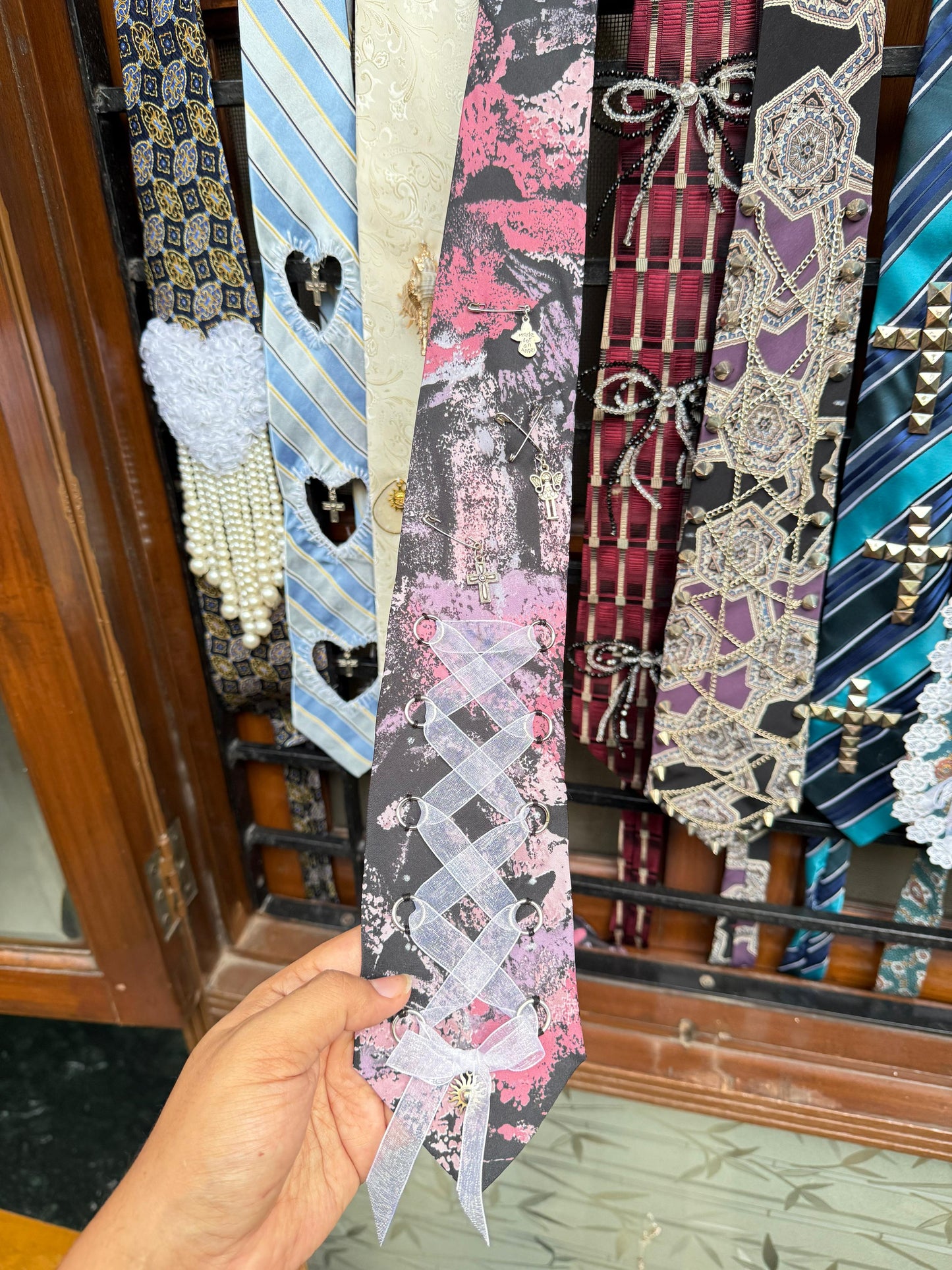 Charms and Ribbon Bow Handmade Vintage Silk Tie