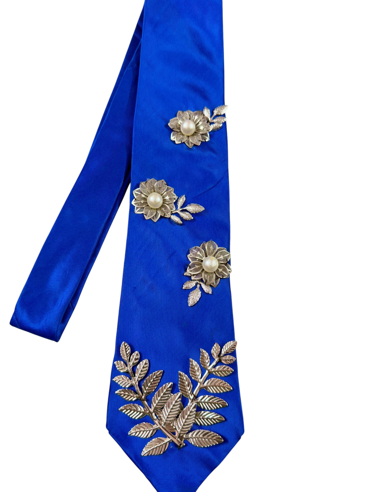 Silver Flower Charm Handmade Vintage Silk Tie