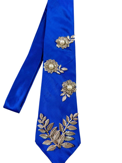 Silver Flower Charm Handmade Vintage Silk Tie