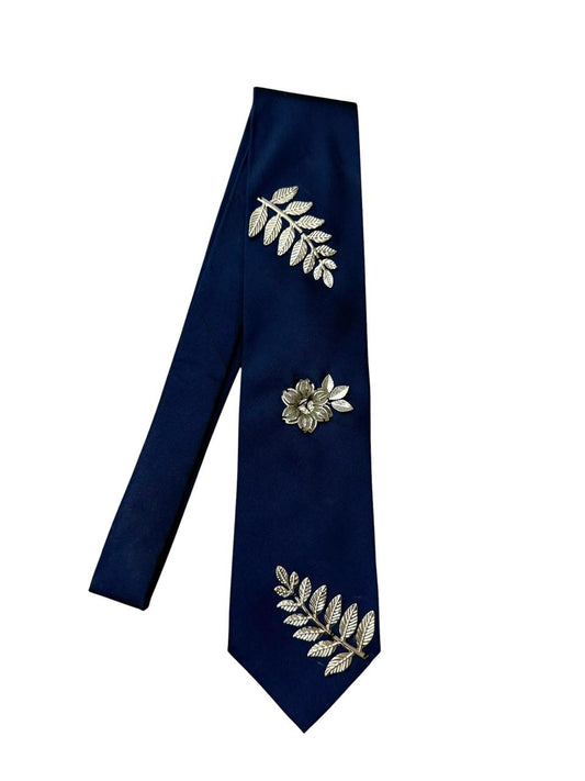 Silver Charms  Flower Handmade Vintage Silk Tie