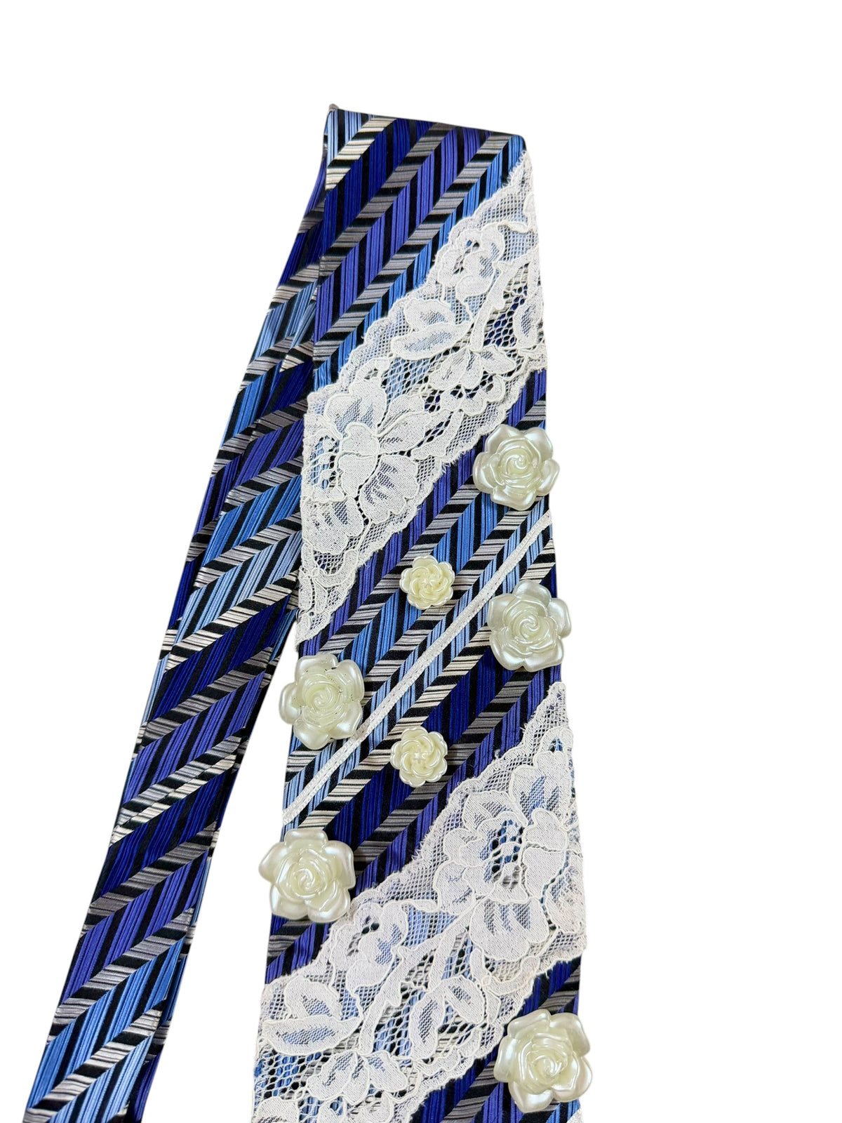 White lace  with Flower stud Handmade Vintage Silk Tie