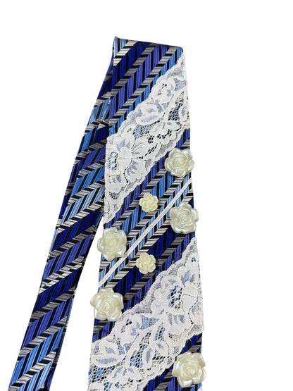 White lace  with Flower stud Handmade Vintage Silk Tie