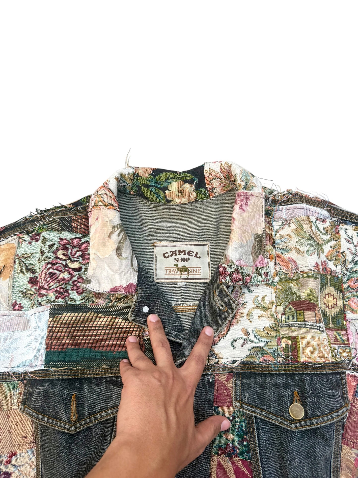 Upcycled patchwork jacquard Denim Jacket