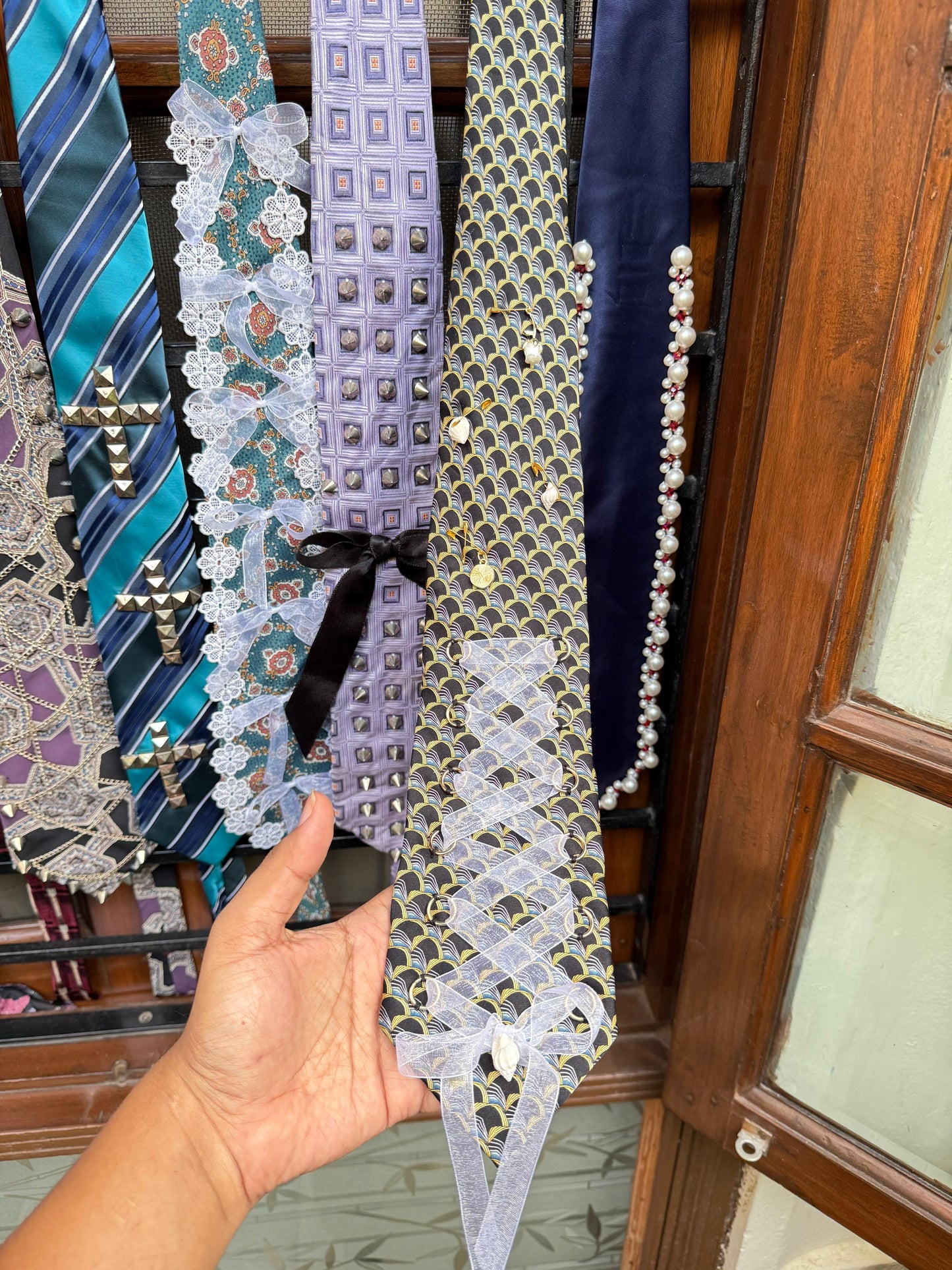 Charms and Ribbon shoe bow Handmade Vintage Silk Tie