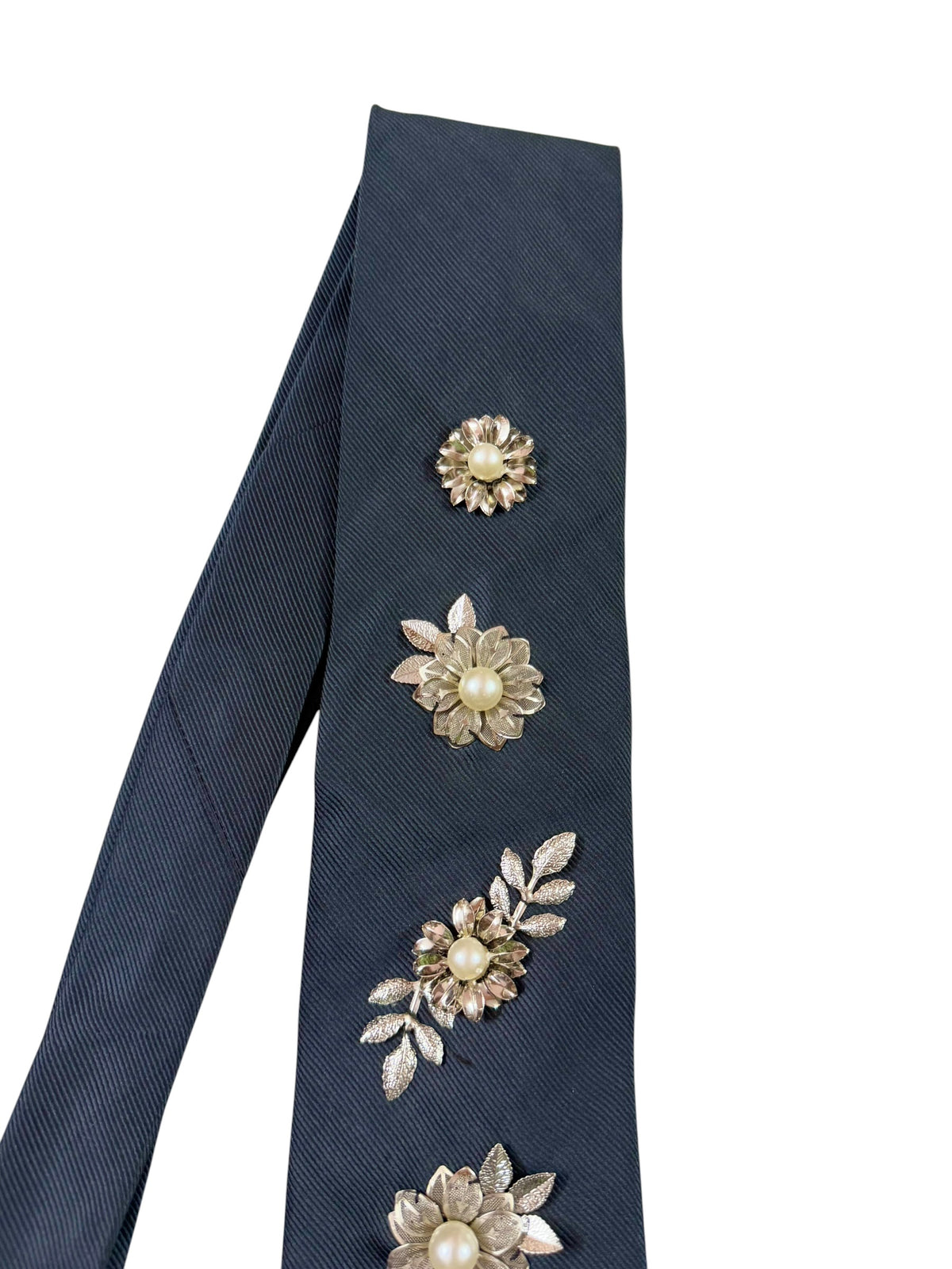 Silver Flower Charm Handmade Vintage Silk Tie