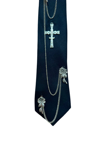 Silver Cross  Charm Handmade Vintage Silk Tie