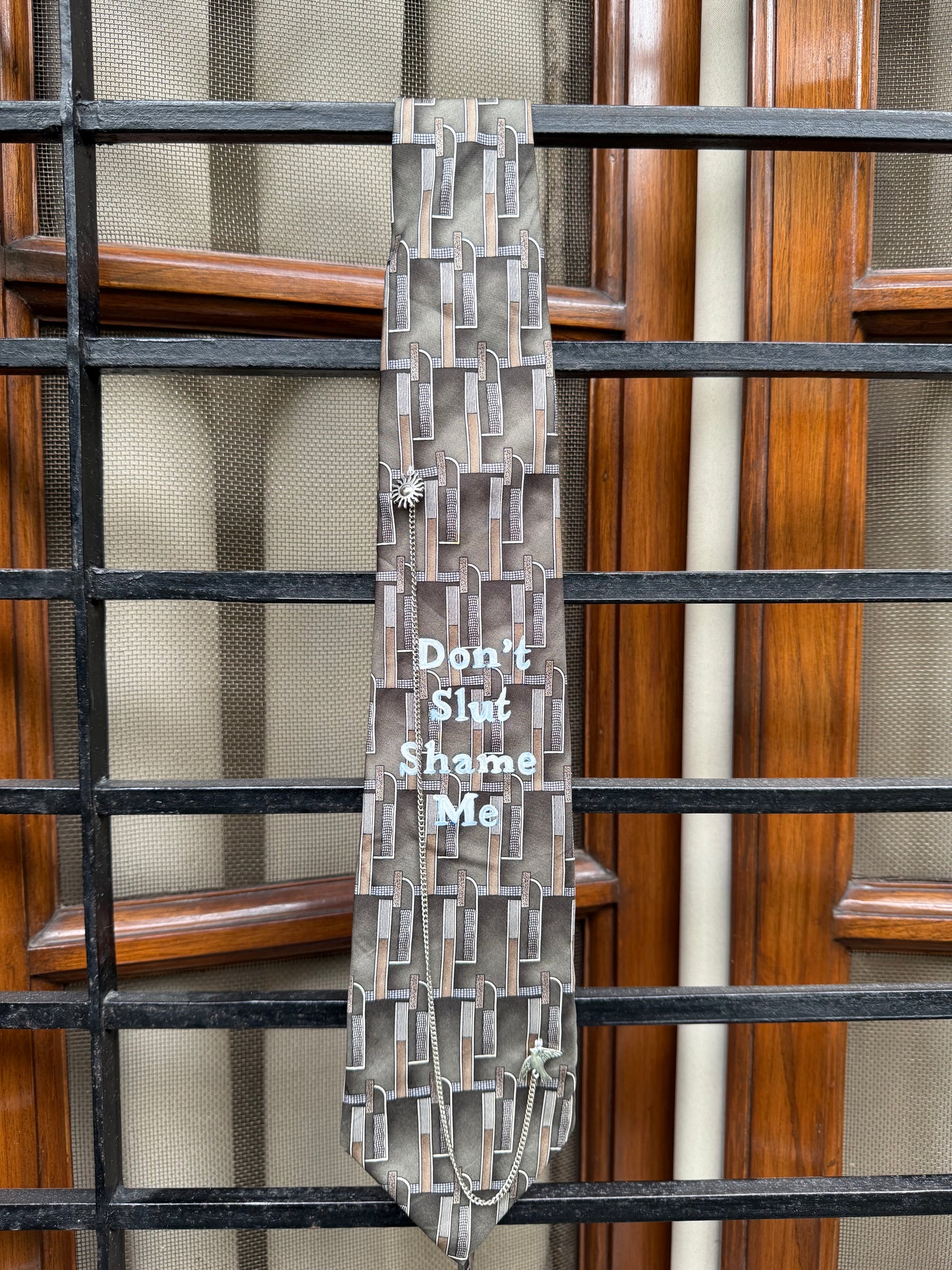 Don’t Slut Shame Me handpaint with silver charm and chsinhandmade Vintage Silk Tie