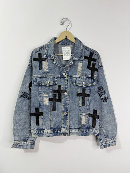 Customised leather Crosses patch Denim Jacket
