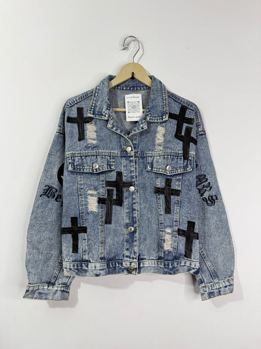 Customised leather Crosses patch Denim Jacket
