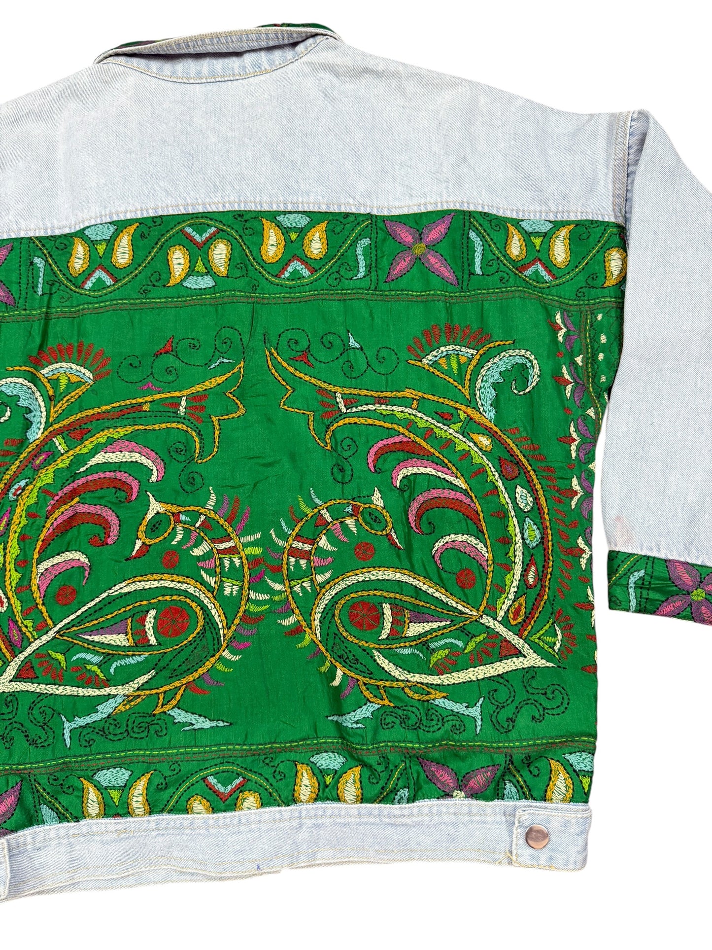 Upcycled Kantha Saree Denim Jacket (Emerald Floral / Bird Motif)