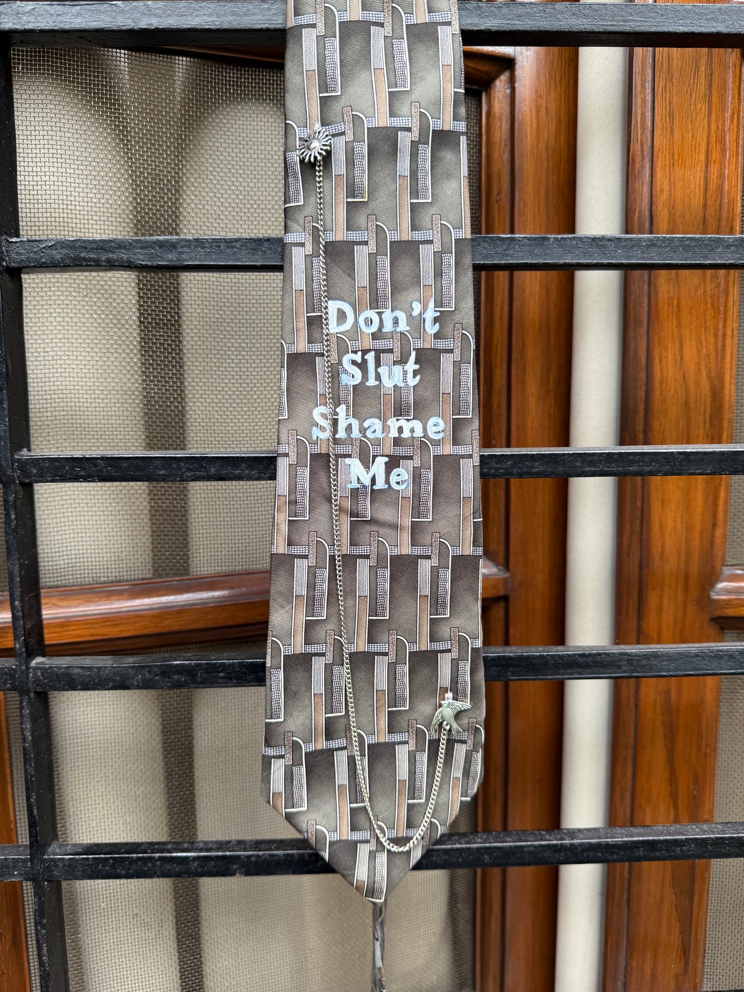 Don’t Slut Shame Me handpaint with silver charm and chsinhandmade Vintage Silk Tie