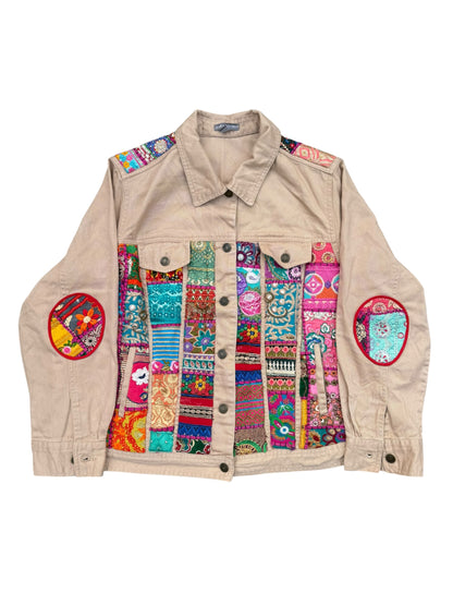 Boho Patchwork Saree Border Utility Jacket (Beige / Vintage Trim)