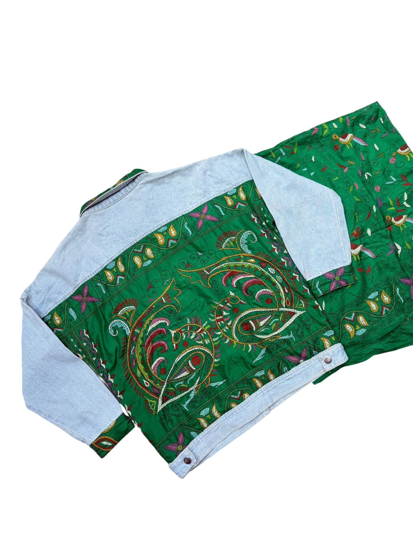 Upcycled Kantha Saree Denim Jacket (Emerald Floral / Bird Motif)