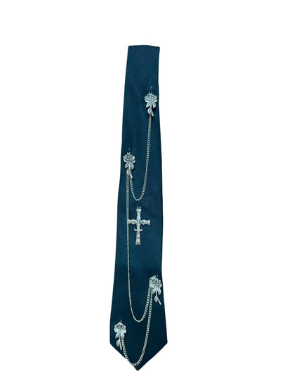 Silver Cross  Charm Handmade Vintage Silk Tie