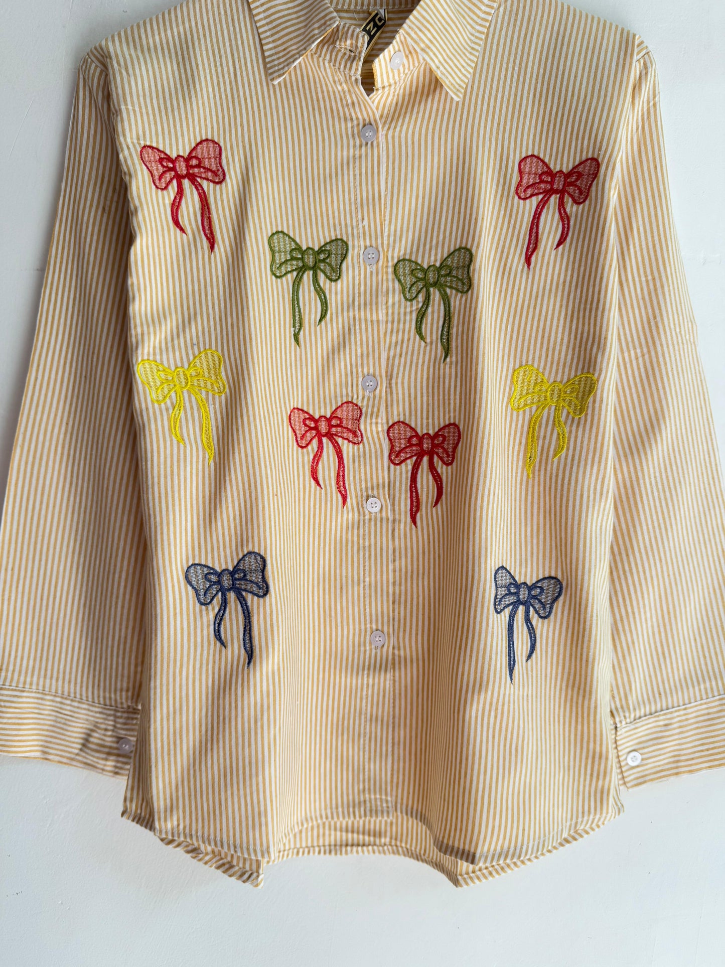 Bow Embroidered Cotton Striped Shirt