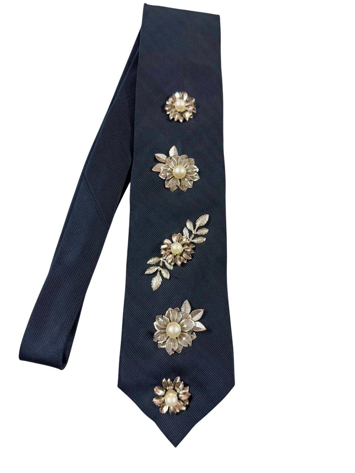 Silver Flower Charm Handmade Vintage Silk Tie
