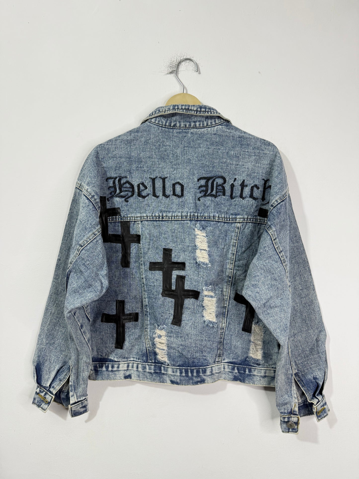 Customised leather Crosses patch Denim Jacket