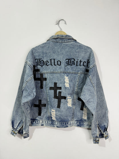 Customised leather Crosses patch Denim Jacket