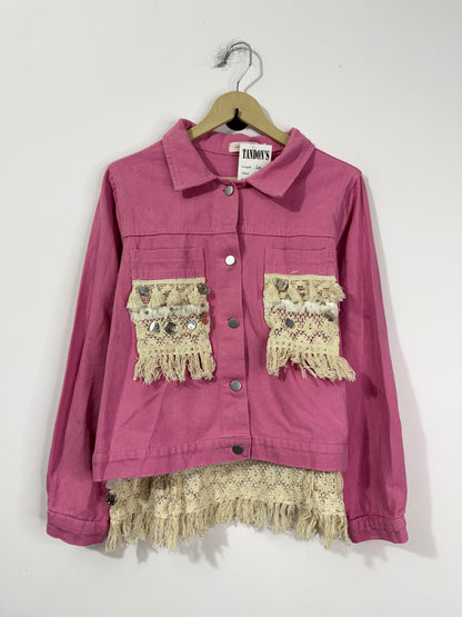 Customised lace fabric patch Denim Jacket