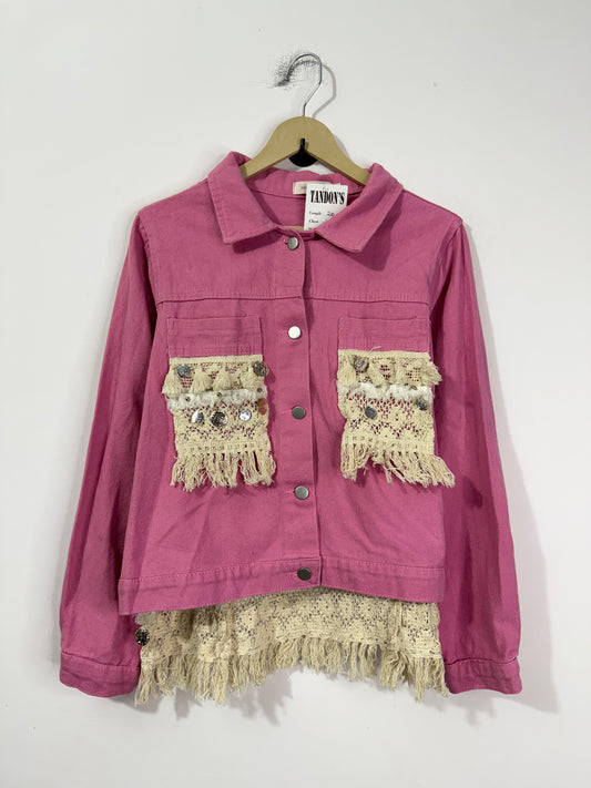 Customised lace fabric patch Denim Jacket