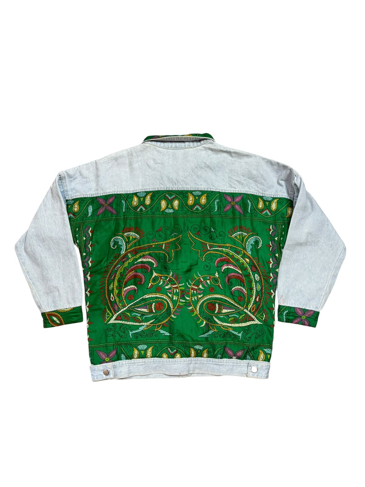 Upcycled Kantha Saree Denim Jacket (Emerald Floral / Bird Motif)
