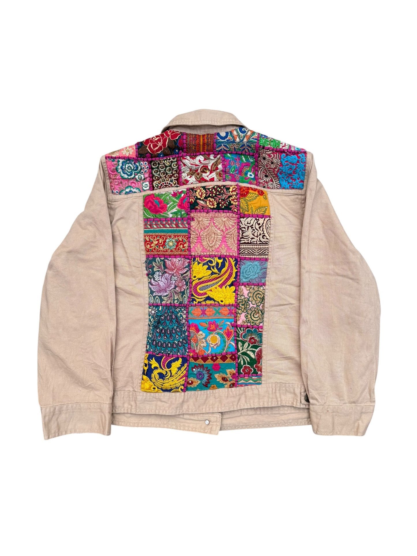 Boho Patchwork Saree Border Utility Jacket (Beige / Vintage Trim)