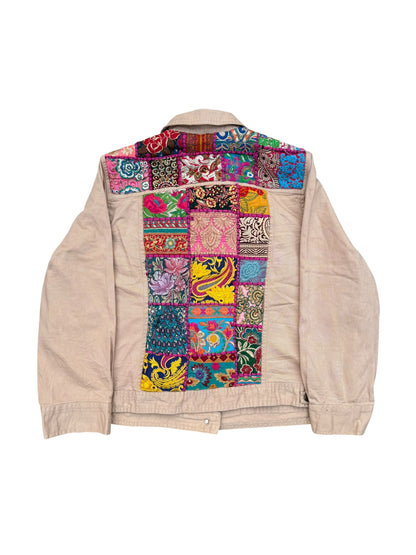 Boho Patchwork Saree Border Utility Jacket (Beige / Vintage Trim)