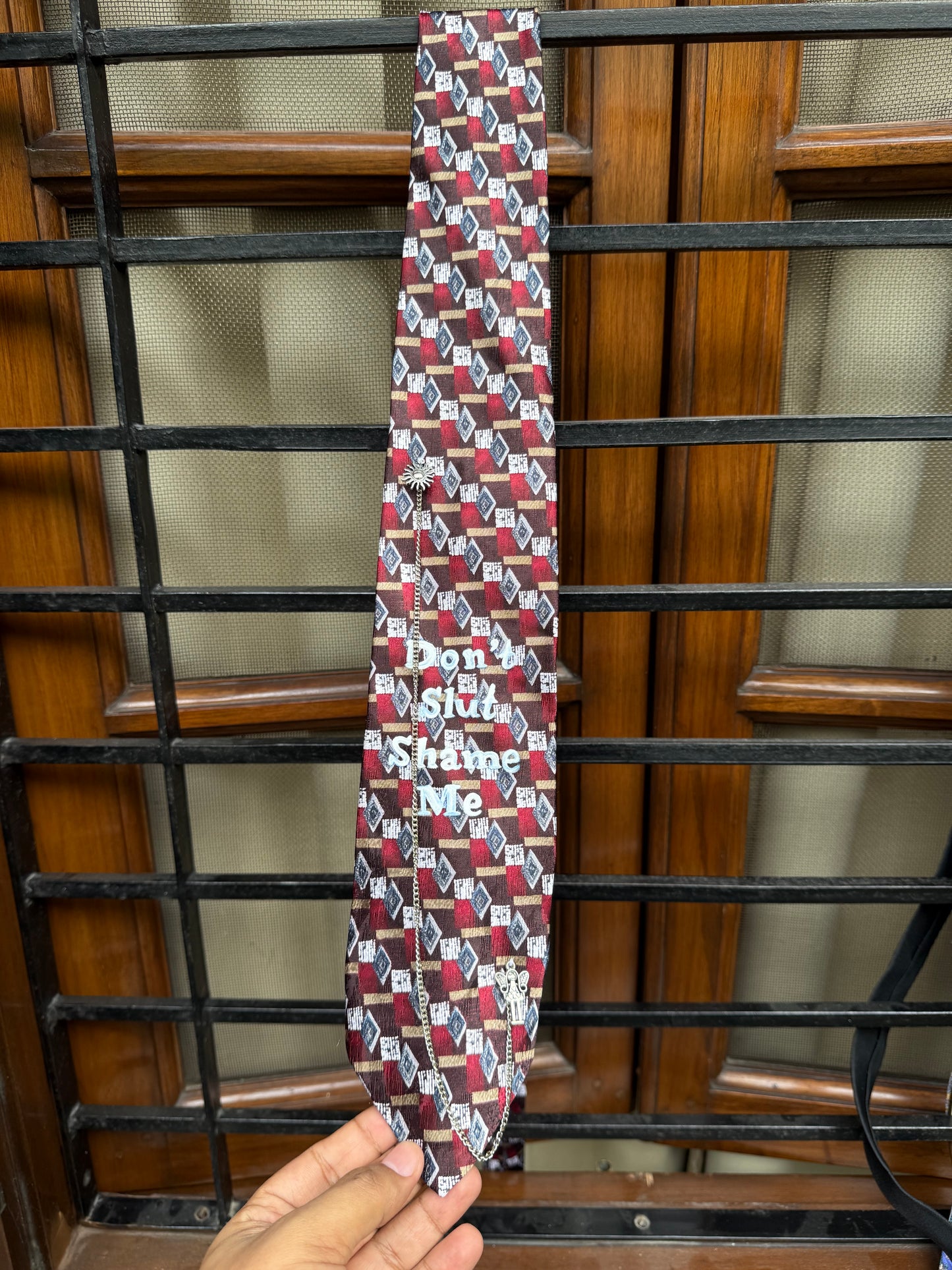 Don’t Slut Shame Me handpaint with silver charm and chain handmade Vintage Silk Tie