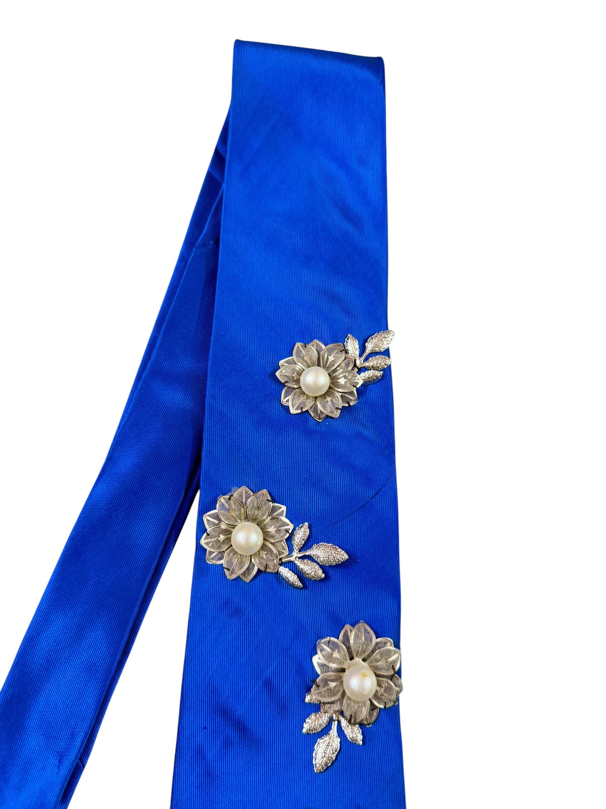 Silver Flower Charm Handmade Vintage Silk Tie