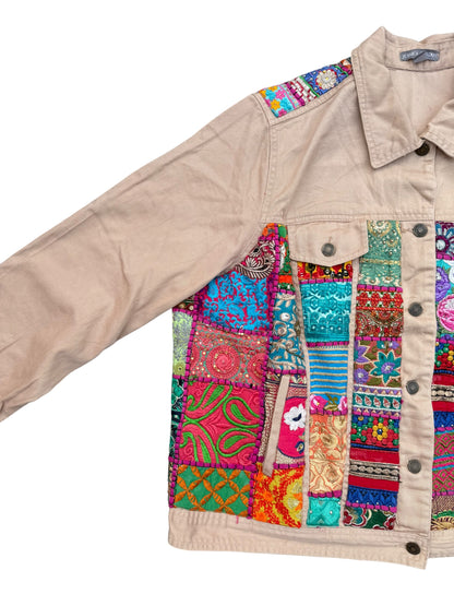Boho Patchwork Saree Border Utility Jacket (Beige / Vintage Trim)