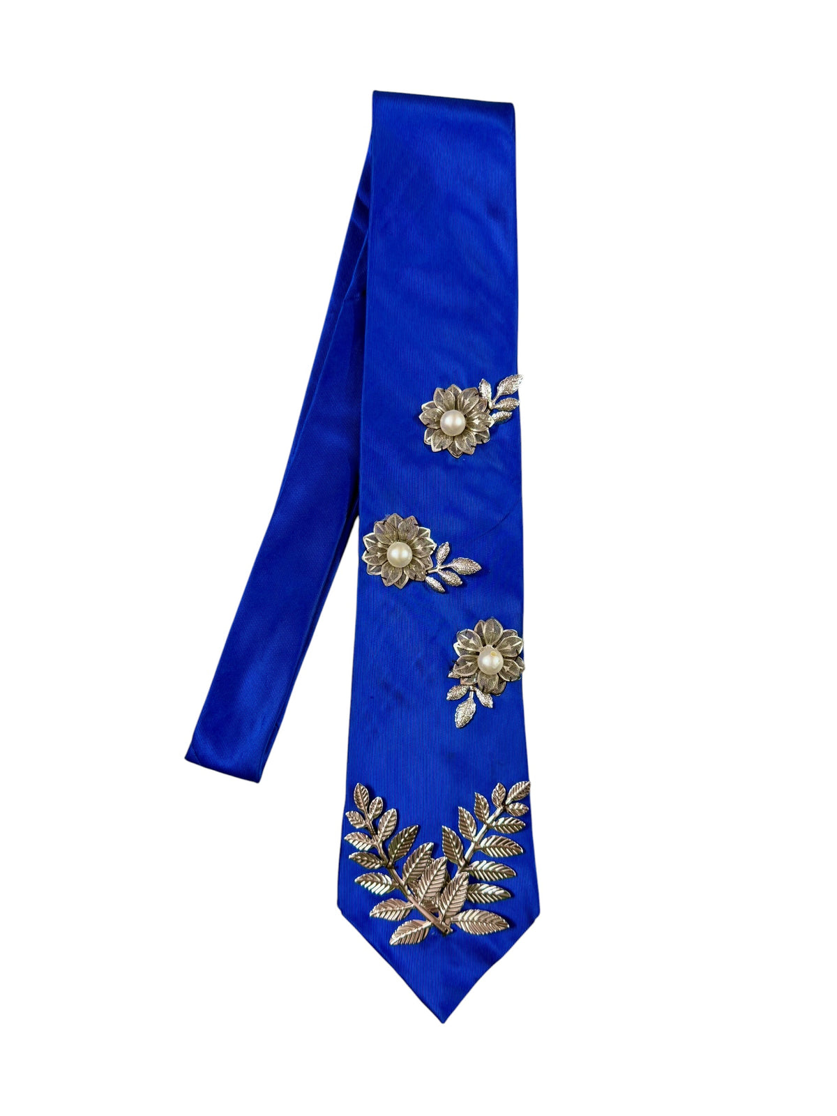 Silver Flower Charm Handmade Vintage Silk Tie