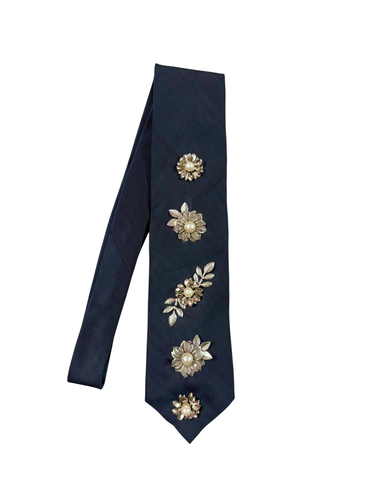 Silver Flower Charm Handmade Vintage Silk Tie