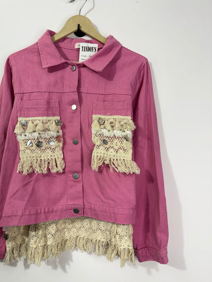 Customised lace fabric patch Denim Jacket