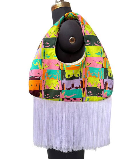 HANDMADE COTTON ABSTRACT PRINT FRINGE BAG