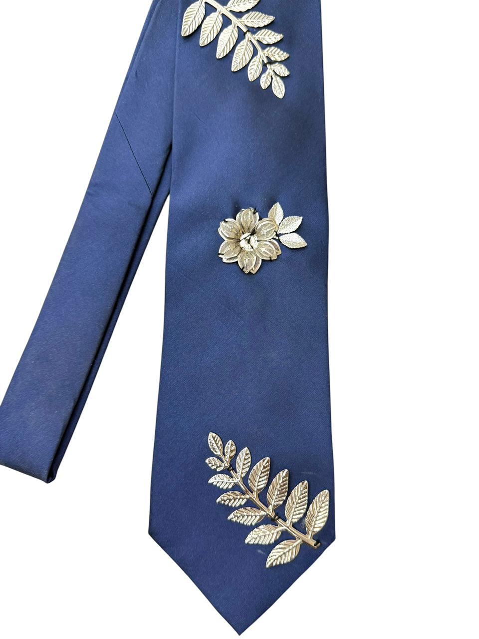 Silver Charms  Flower Handmade Vintage Silk Tie