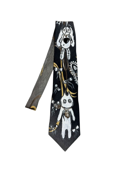 Hand-painted with Silver Chain and Charm Vintage Silk Tie