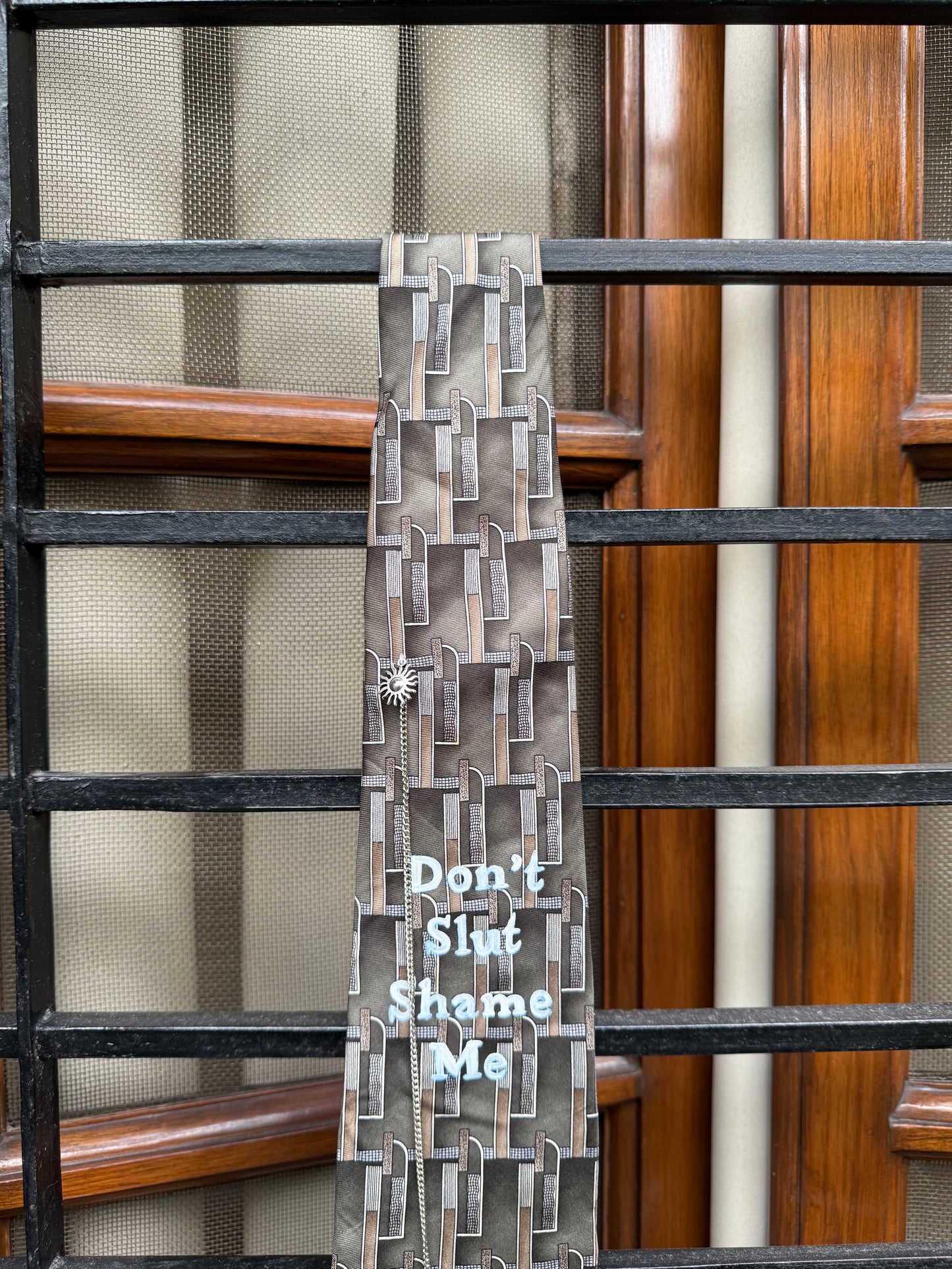 Don’t Slut Shame Me handpaint with silver charm and chsinhandmade Vintage Silk Tie