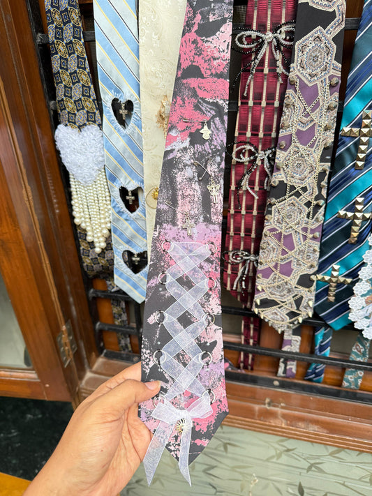 Charms and Ribbon Bow Handmade Vintage Silk Tie