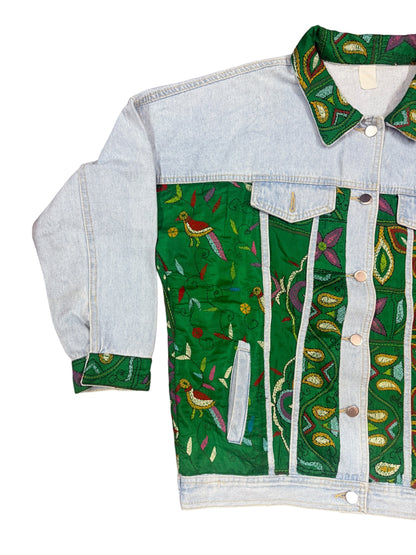 Upcycled Kantha Saree Denim Jacket (Emerald Floral / Bird Motif)