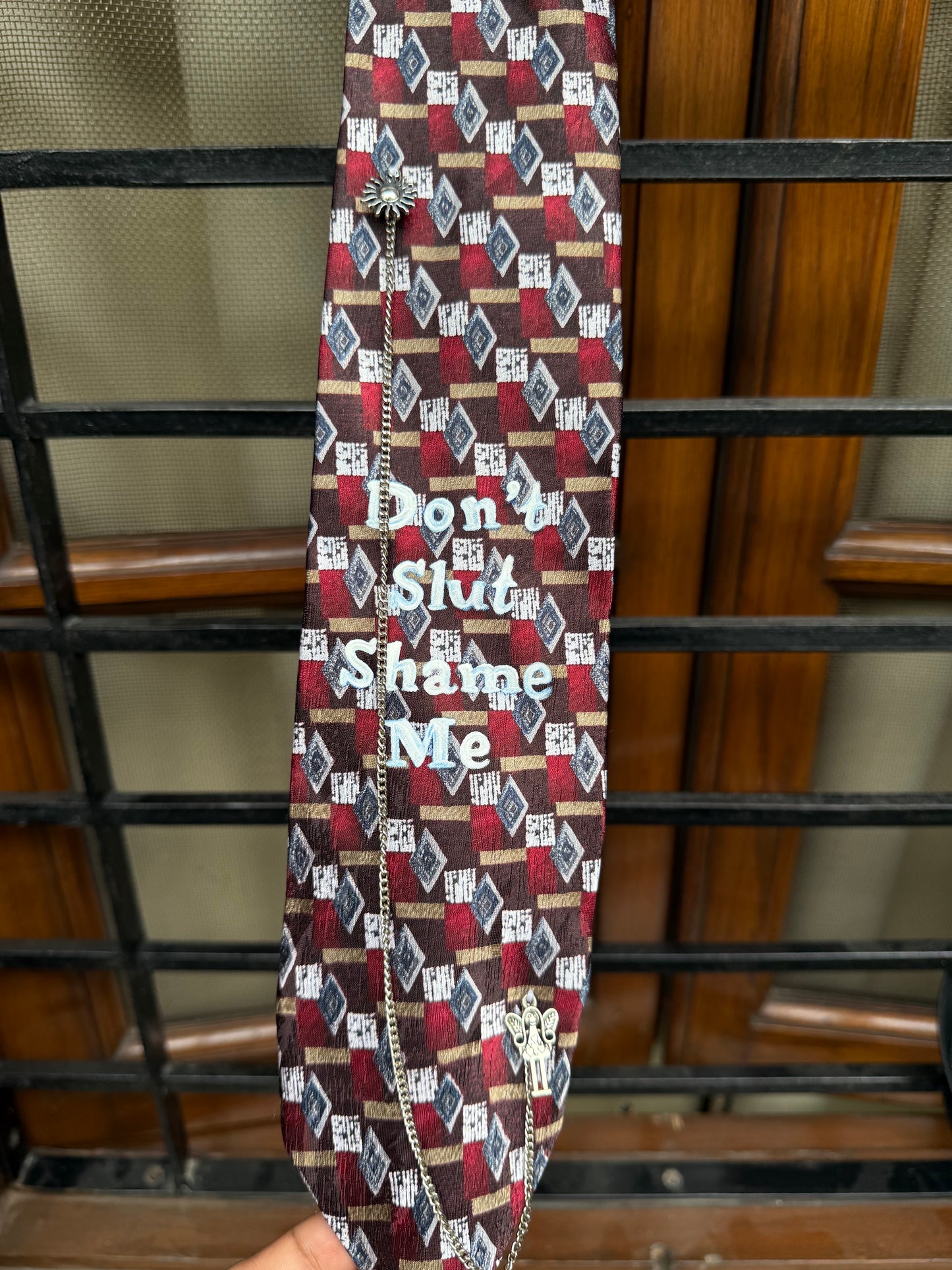 Don’t Slut Shame Me handpaint with silver charm and chain handmade Vintage Silk Tie