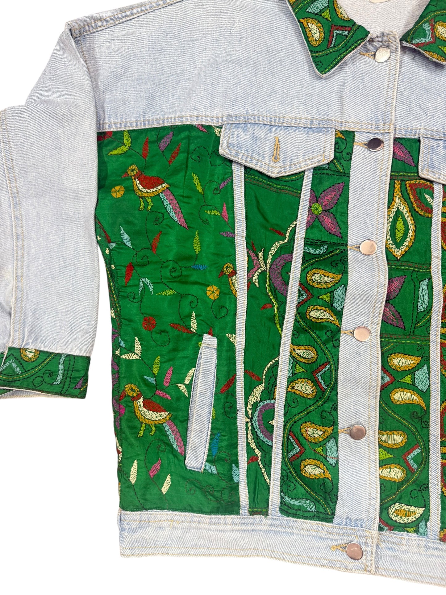 Upcycled Kantha Saree Denim Jacket (Emerald Floral / Bird Motif)