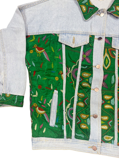 Upcycled Kantha Saree Denim Jacket (Emerald Floral / Bird Motif)