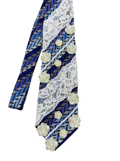 White lace  with Flower stud Handmade Vintage Silk Tie