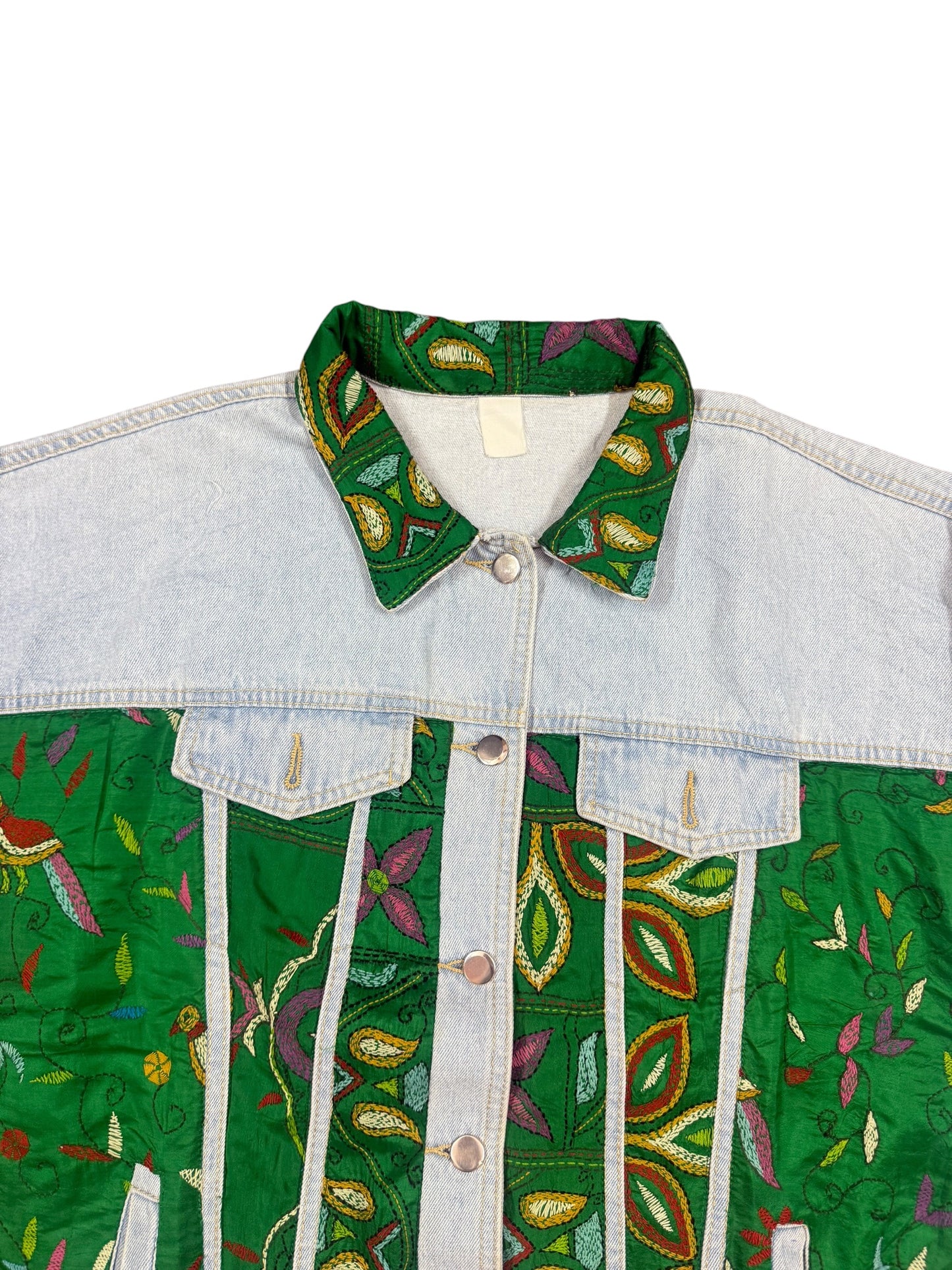 Upcycled Kantha Saree Denim Jacket (Emerald Floral / Bird Motif)