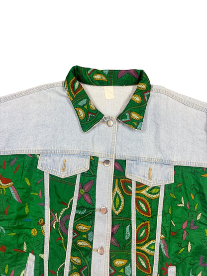 Upcycled Kantha Saree Denim Jacket (Emerald Floral / Bird Motif)