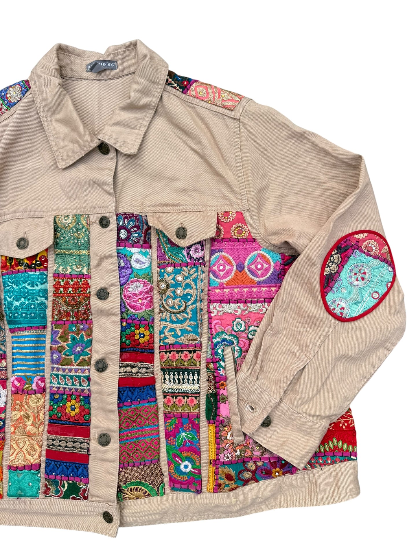 Boho Patchwork Saree Border Utility Jacket (Beige / Vintage Trim)