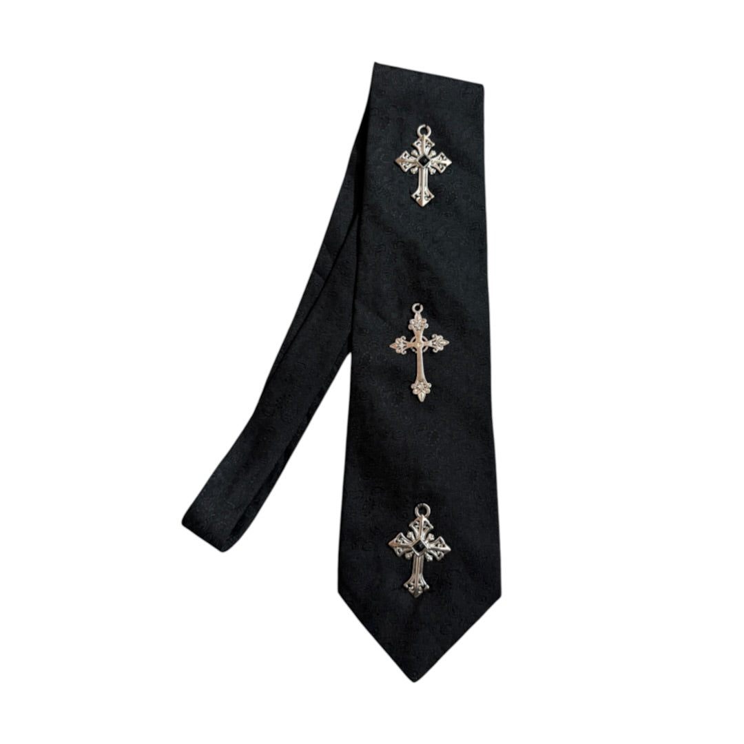 Silver Charms  Crosses  Handmade Vintage Silk Tie