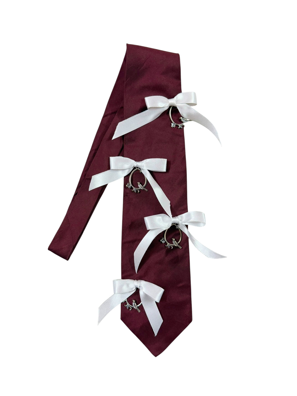 Silver Bird Charm with Ribbon Bow Handmade Vintage Silk Tie