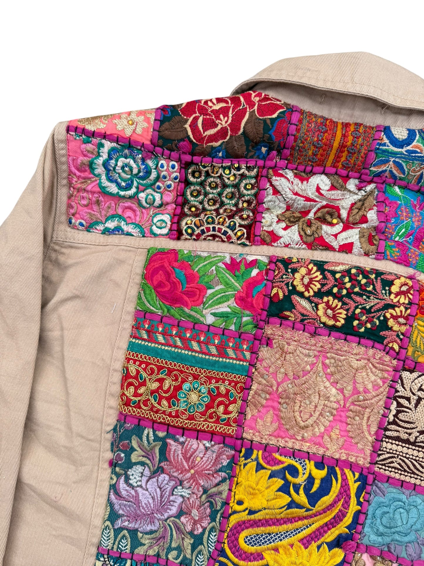 Boho Patchwork Saree Border Utility Jacket (Beige / Vintage Trim)